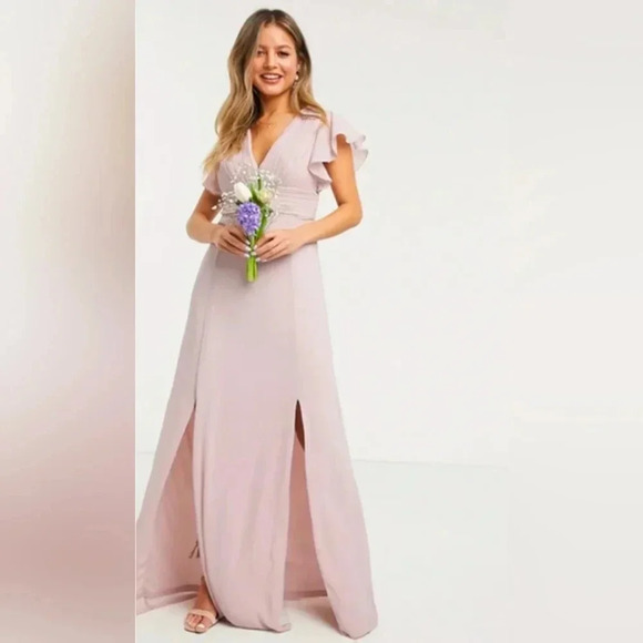NWT ASOS tfnc Pink Plunge Front Flutter Sleeve Maxi Dress Size 10 - Picture 2 of 11
